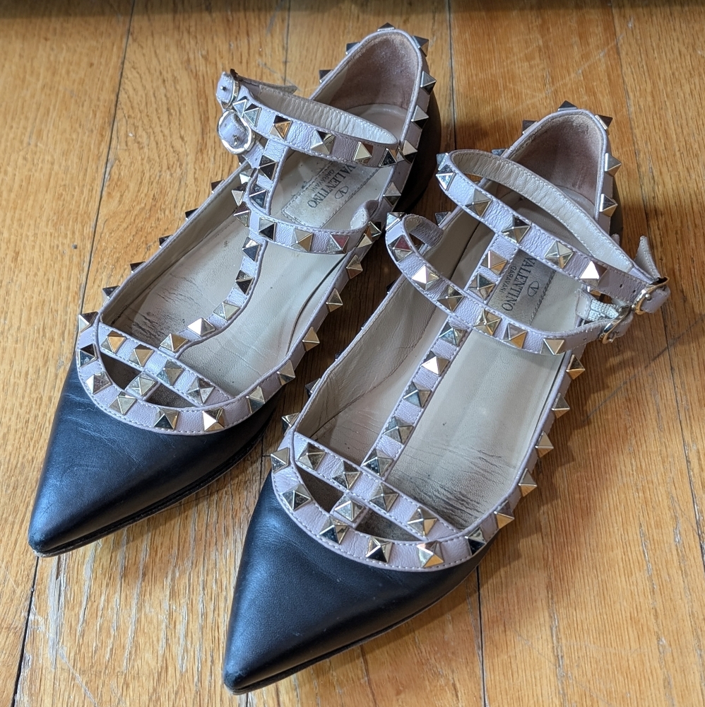 VALENTINO Rockstud T-Strap Pointed Toe Flats in Black and Nude